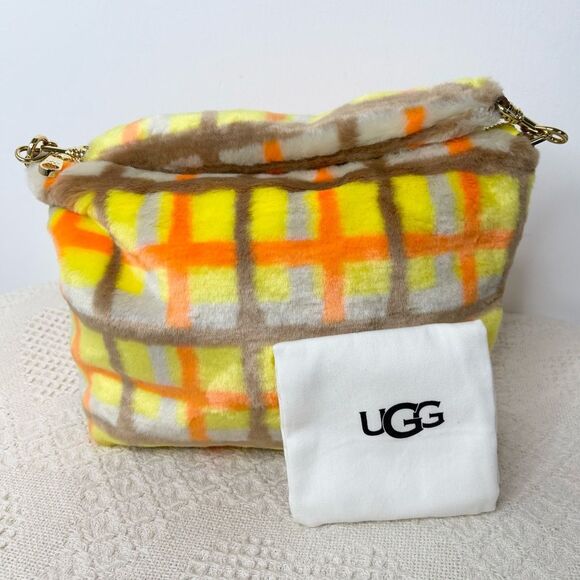 Ugg Duffy Shoulder Bag Orange Yellow Tartan Faux Fur Slouchy Purse - Picture 1 of 8